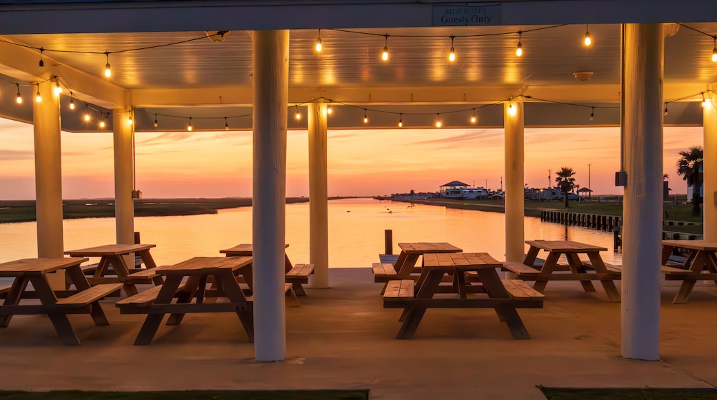 Picnic tables are neatly arranged under a covered pavilion adorned with hanging lights, providing a prime spot to enjoy the serene sunset over the calm waters in Freeport Texas.