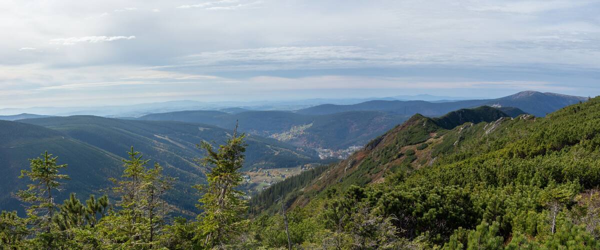 A mountainous landscape with dense forests and distant hills.