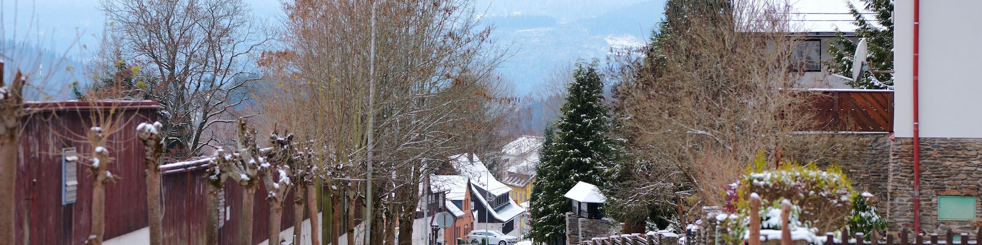 Calle nevada en un barrio residencial con casas, árboles y montañas al fondo.