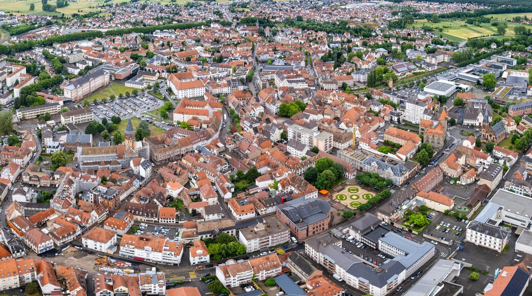 Panorama aerial view of the old town of the city Haguenau in France on a sunny noon in summer