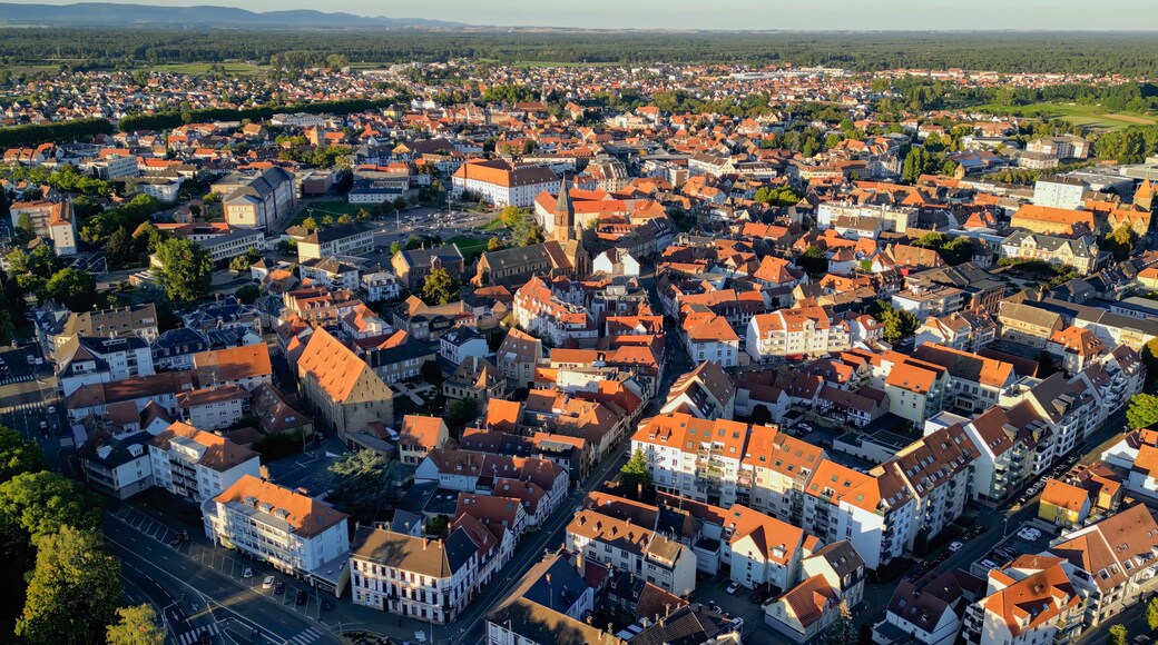 Aerial panoramic view of the city Haguenau in France on a sunny spring afternoon.