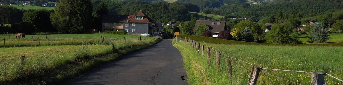 A rural road flanked by fields and a house in the distance.