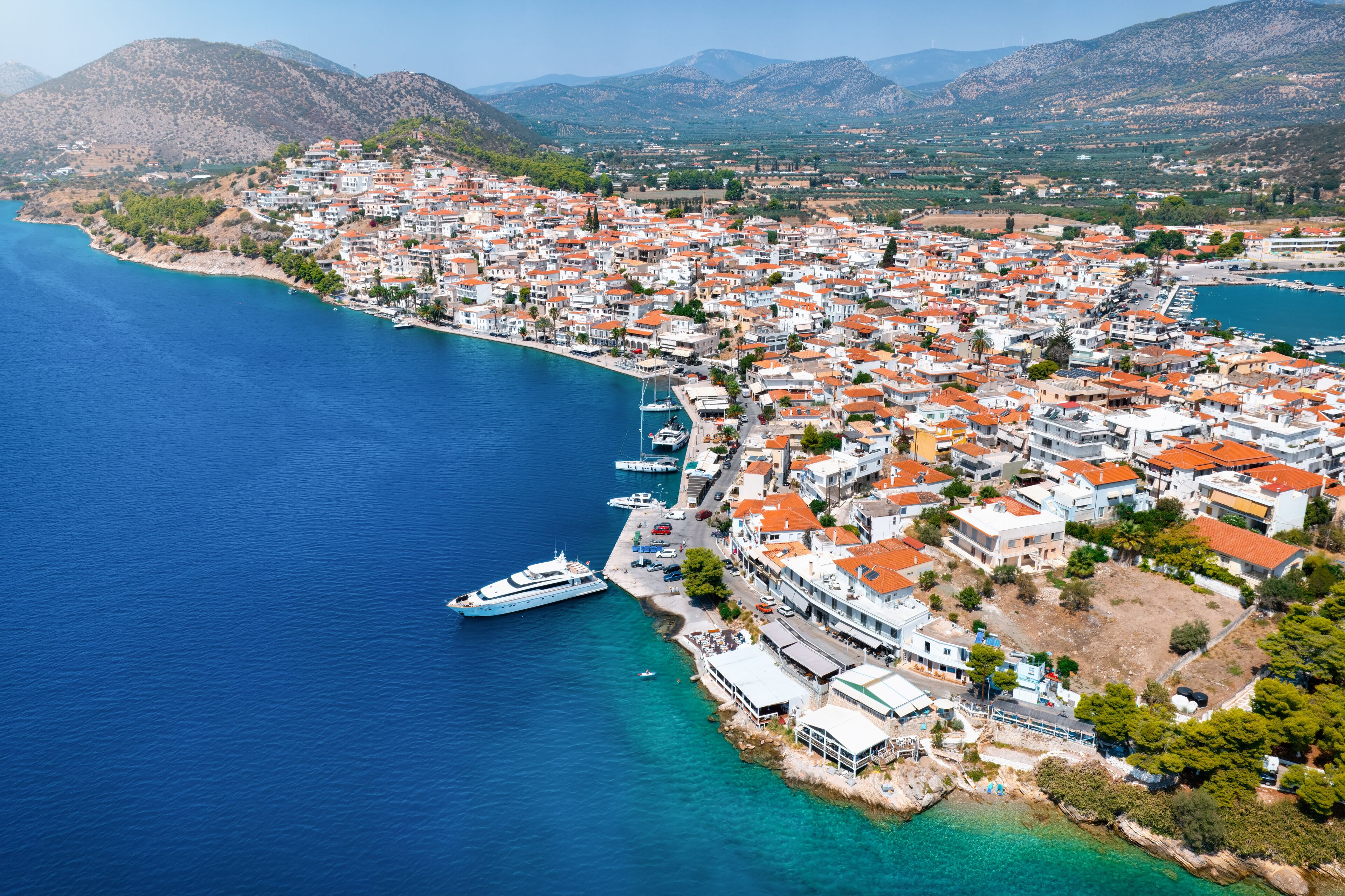 Aerial view of the picturesque town of Ermioni, Peloponese, Greece, during a summer day