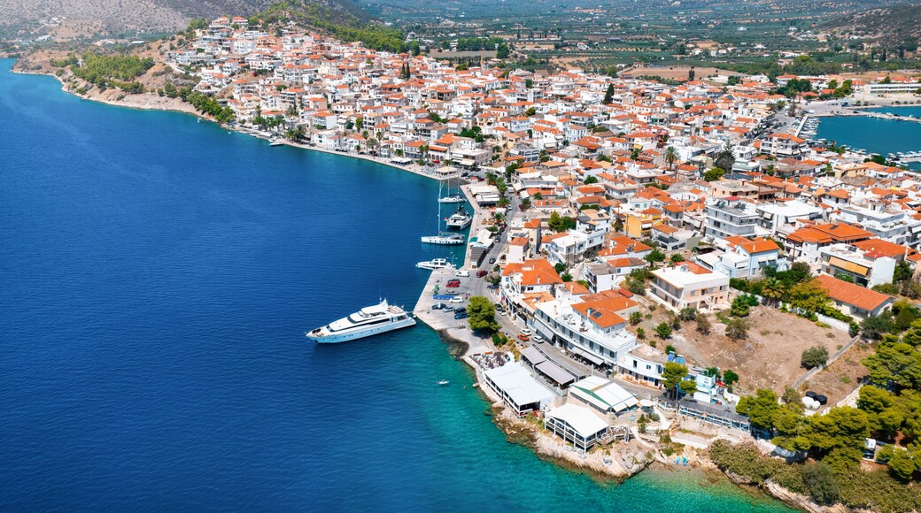 Aerial view of the picturesque town of Ermioni, Peloponese, Greece, during a summer day