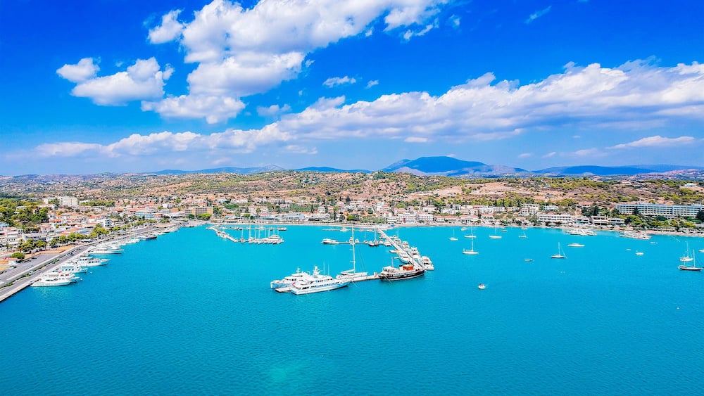 Aerial view over Porto Cheli, a summer resort town in the municipality of Ermionida in the southeastern part of Argolis, Greece