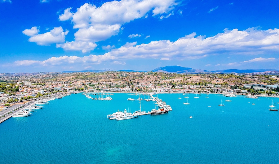 Aerial view over Porto Cheli, a summer resort town in the municipality of Ermionida in the southeastern part of Argolis, Greece