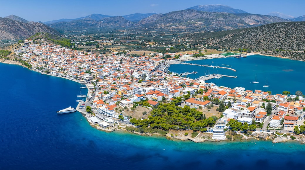 Panoramic aerial view of the town of Ermioni, situated on a peninsula with pine tree forest, Peloponese, Greece