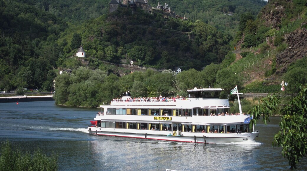 Panoramic view at Cochem along the Mosel river with its castle high rising over the city