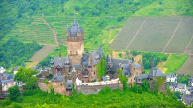 Un castell medieval envoltat per turons verds i vinyes.