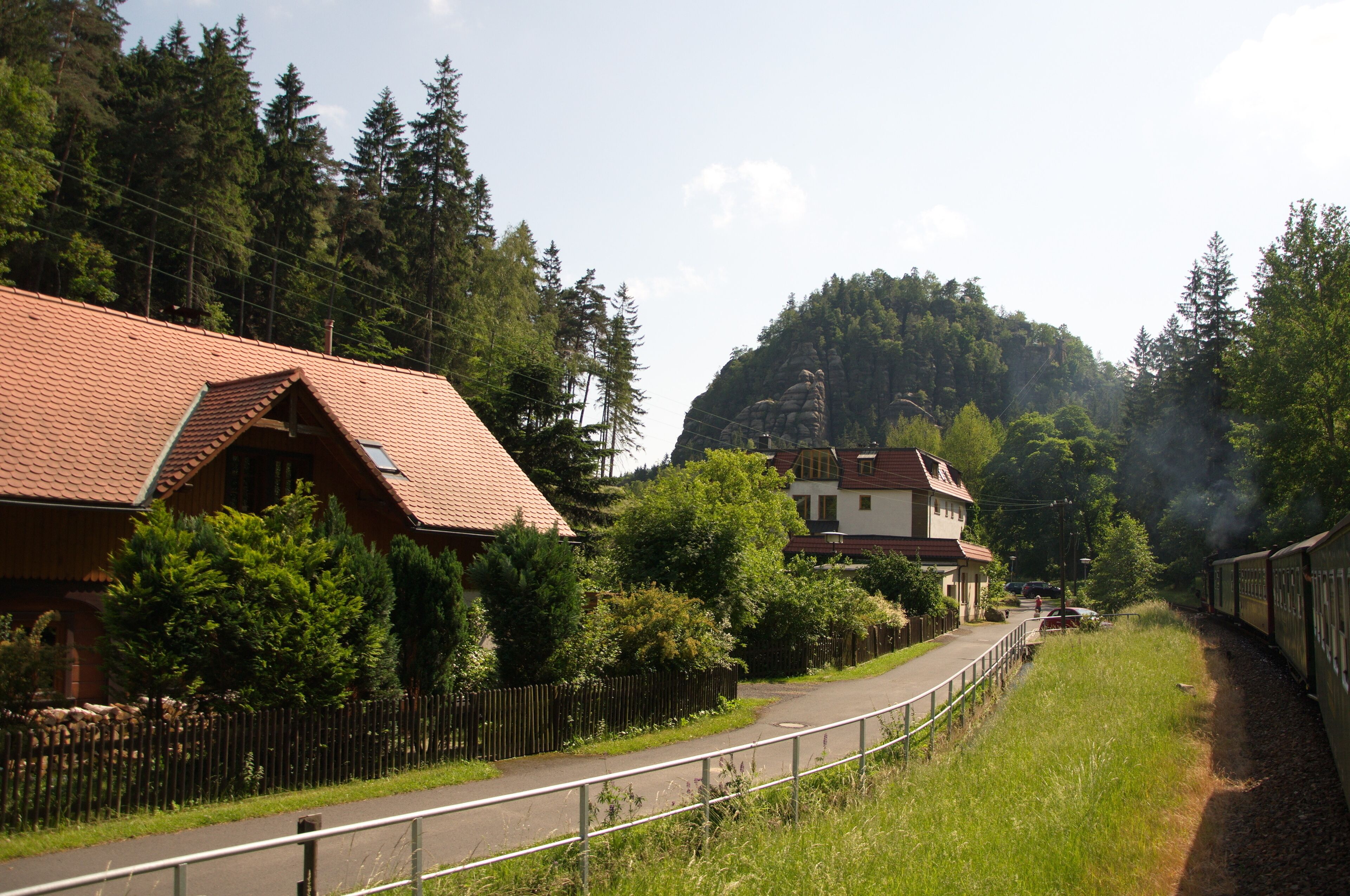 Retro steam train passes a mountain resort in Germany.