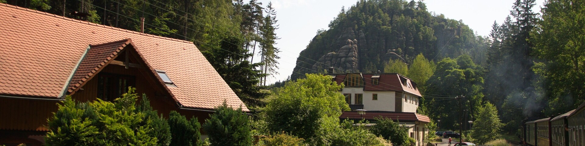 Retro steam train passes a mountain resort in Germany.