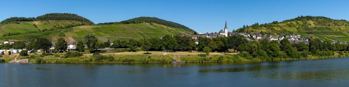 panorama view of the village of Enkirch and RV park in the Mosel Valley