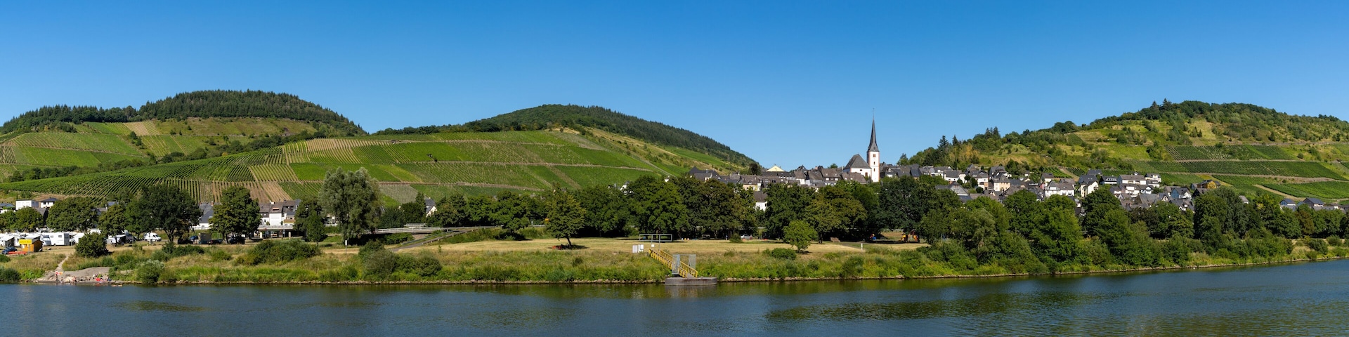panorama view of the village of Enkirch and RV park in the Mosel Valley