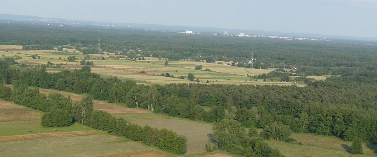 An aerial view of a rural landscape with fields, forests, and scattered buildings.