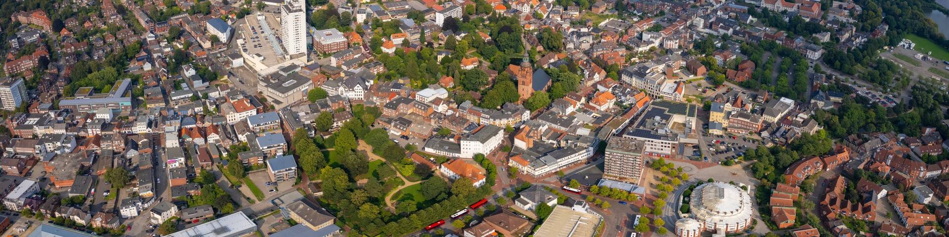 Aerial panorama of the downtown of the city Itzehoe in Germany on a sunny summer day.