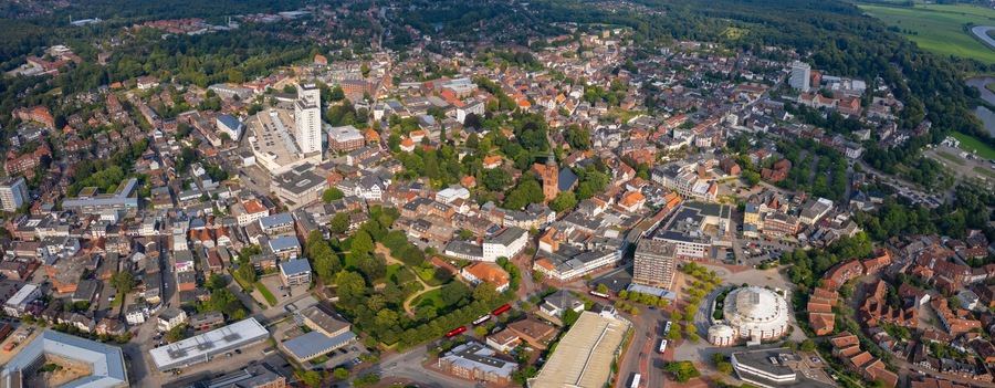 Aerial panorama of the downtown of the city Itzehoe in Germany on a sunny summer day.