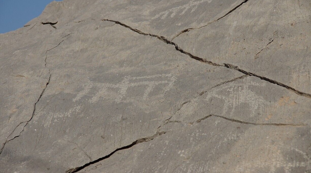 If you continue through the village of Qadah, you will find yourself on a road through farmland. It is very green and pretty. Continue on the road up the wadi (dry riverbed) until you are almost at the end of the road - you end up in Tawi village and there is a wall of mountains in front of you. On the left hand side of the road, just before a large white house (from memory after a white house too), there are ancient petroglyphs carved into the rocks. There is a fairly open space with a tumble of rocks and some are on these and some on the rock face behind or next to them...