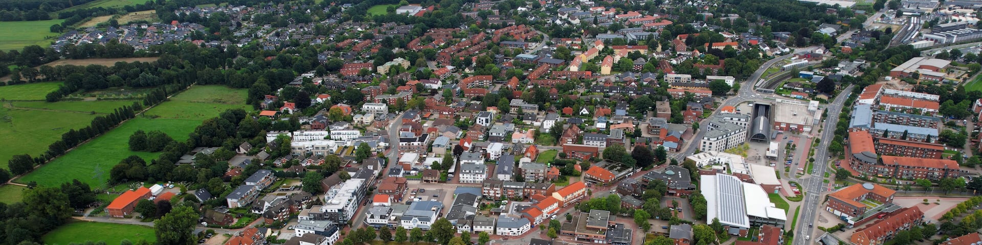 Aerial view of the old town of the city Kaltenkirchen in Germany on an overcast day in afternoon