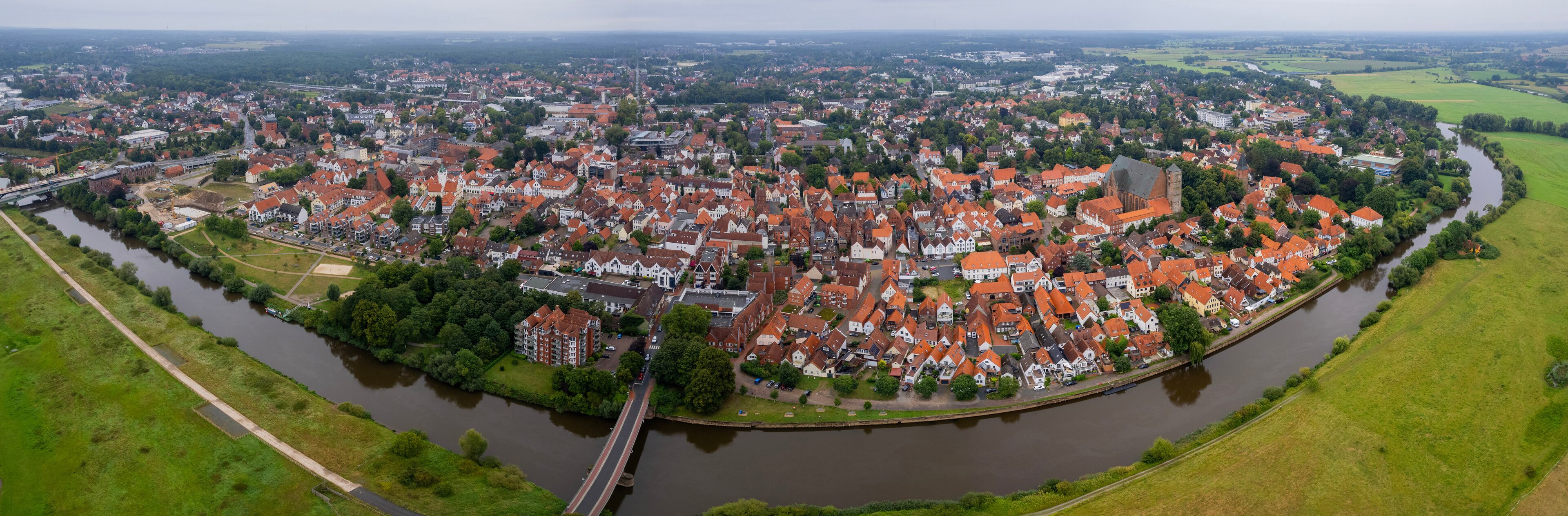 Aerial view of the old town of the city Verden, 27283 in Germany on a cloudy spring morning