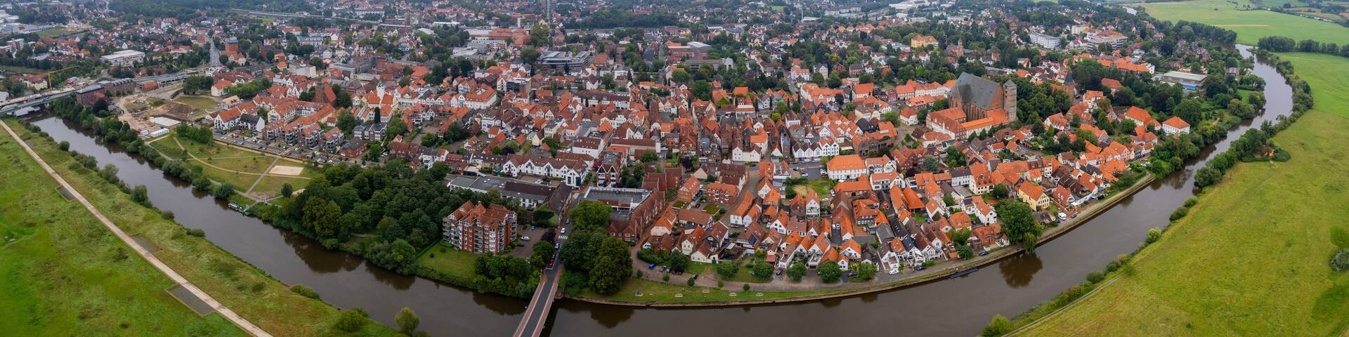 Aerial view of the old town of the city Verden, 27283 in Germany on a cloudy spring morning