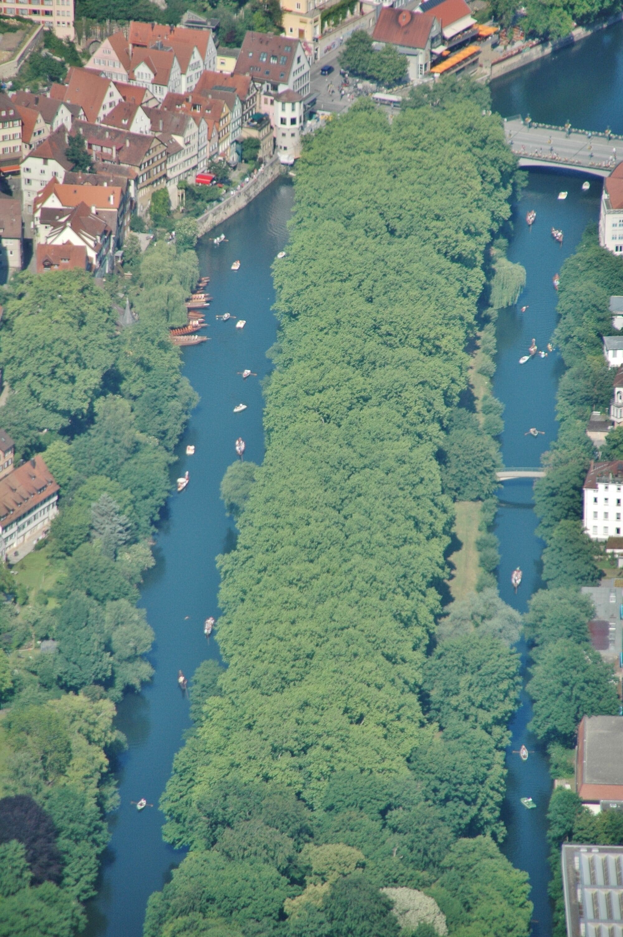A river flanked by dense green trees and historic buildings with red roofs.