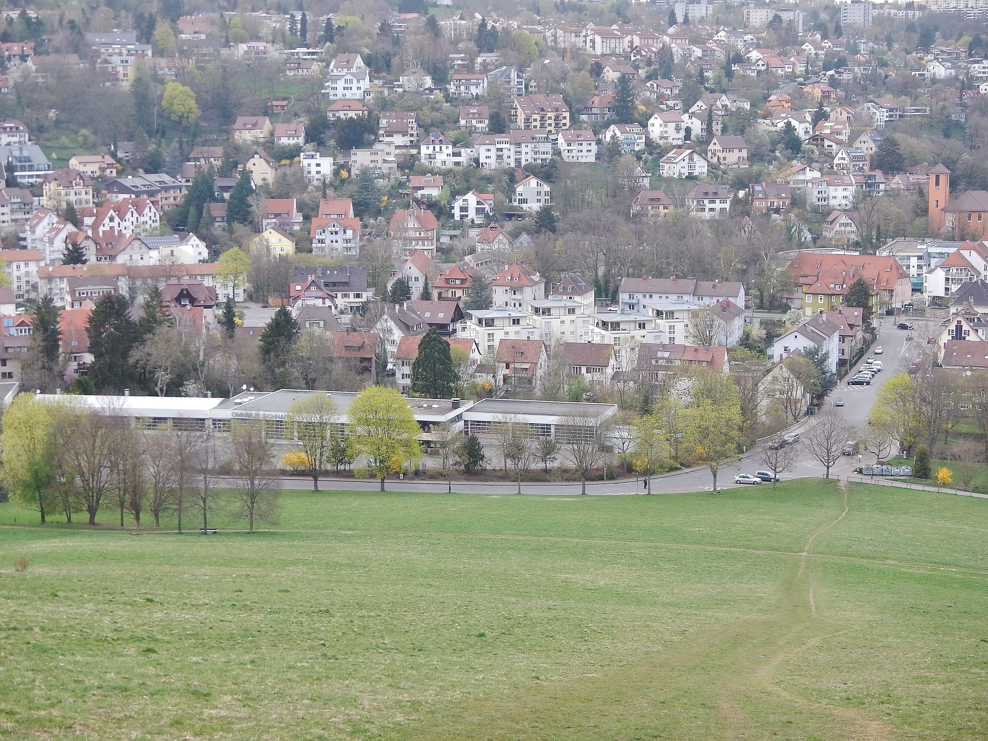 A residential area with houses, a road, and a large open field.