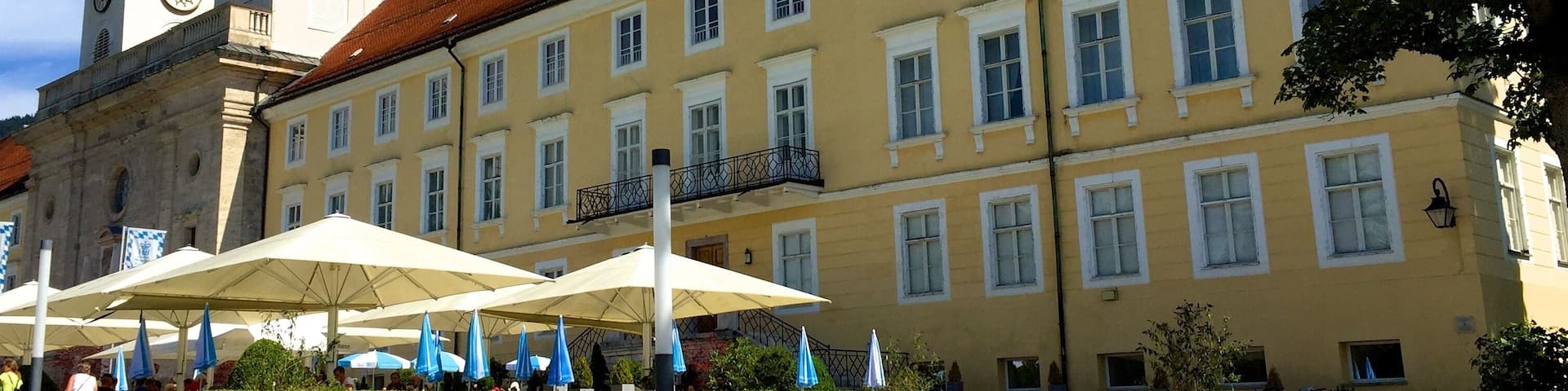 Tegernsee Abbey is a former Benedictine monastery in the town and district of Tegernsee in Bavaria. Both the abbey and the town that grew up around it, are named after the Tegernsee, the lake on the shores of which they are located.
Tegernsee Abbey, officially known as St. Quirinus Abbey for its patron saint St. Quirinus, was first built in the 8th century. Until 1803, it was the most important Benedictine community in Bavaria.
Today, the monastery buildings are known as Schloss Tegernsee and are in the possession of the Wittelsbach family.