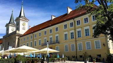 Tegernsee Abbey is a former Benedictine monastery in the town and district of Tegernsee in Bavaria. Both the abbey and the town that grew up around it, are named after the Tegernsee, the lake on the shores of which they are located.
Tegernsee Abbey, officially known as St. Quirinus Abbey for its patron saint St. Quirinus, was first built in the 8th century. Until 1803, it was the most important Benedictine community in Bavaria.
Today, the monastery buildings are known as Schloss Tegernsee and are in the possession of the Wittelsbach family.