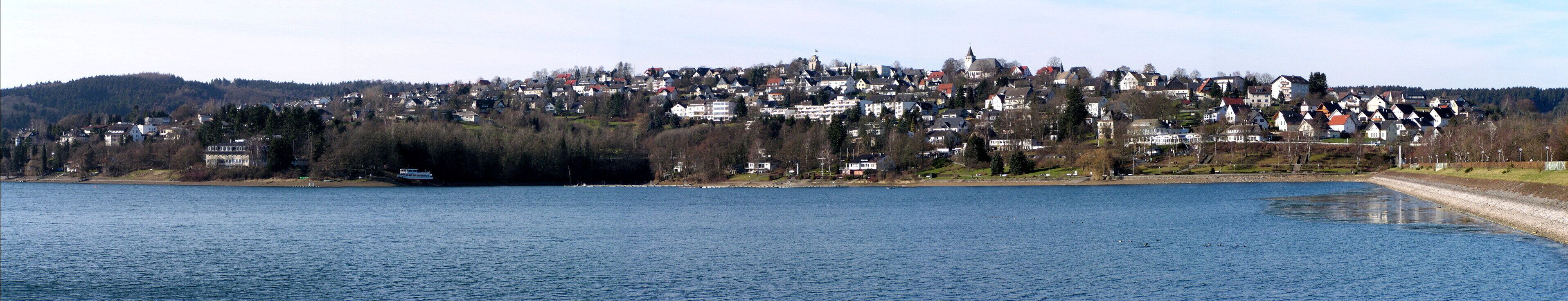 A lake with a boat, a town with houses and a church on a hill, and a forested area in the background.