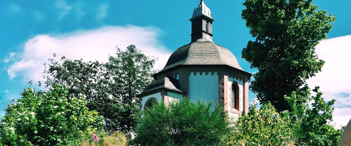 A church with a dome and a cross on top, surrounded by trees and greenery.