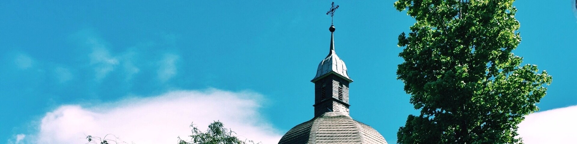 A church with a dome and a cross on top, surrounded by trees and greenery.