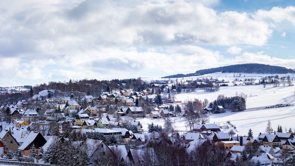 Panorama view Seiffen in Winter Saxony Germany ore mountains.