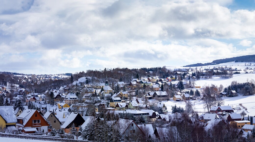 Panorama view Seiffen in Winter Saxony Germany ore mountains.