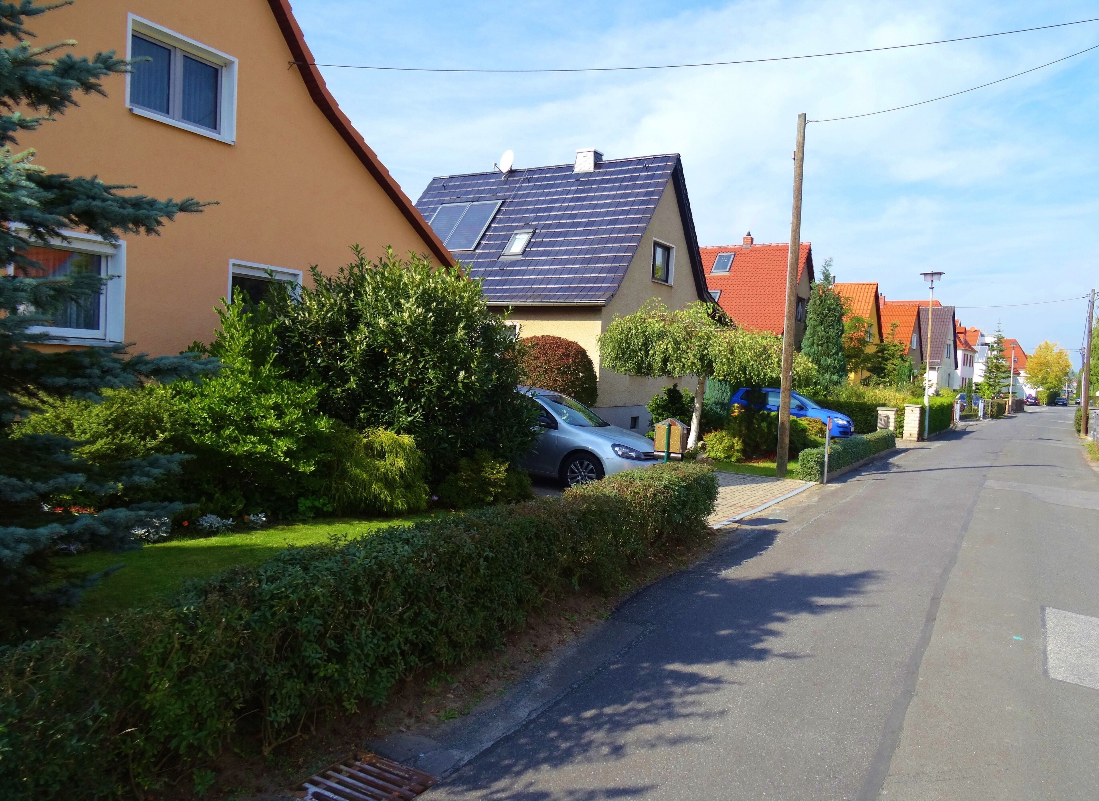 A residential street with houses, a parked car, and lush greenery.