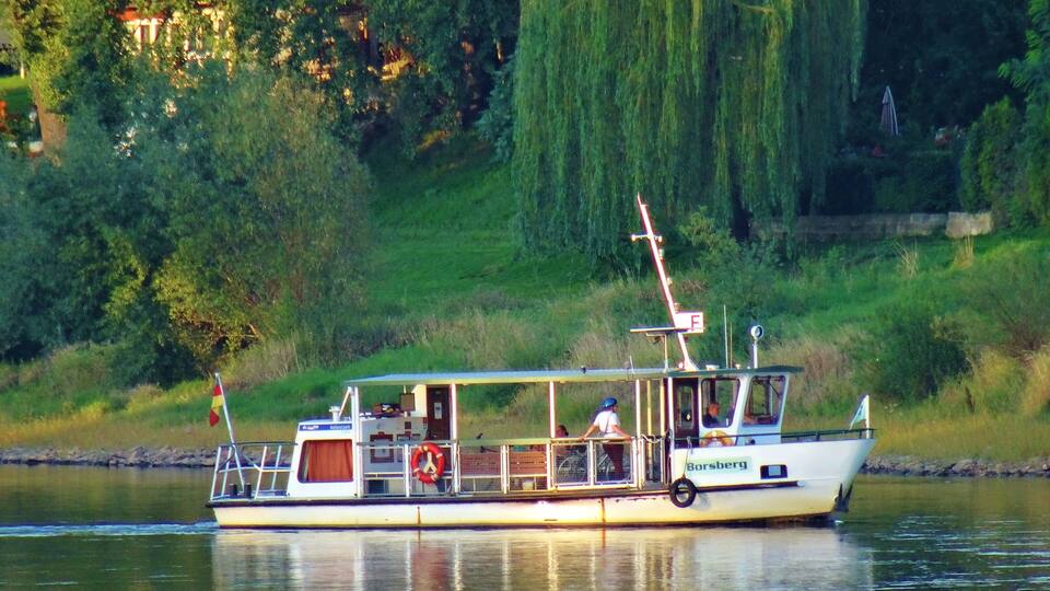 A boat named 'Borsberg' on a river with a forested bank and a weeping willow tree in the background.