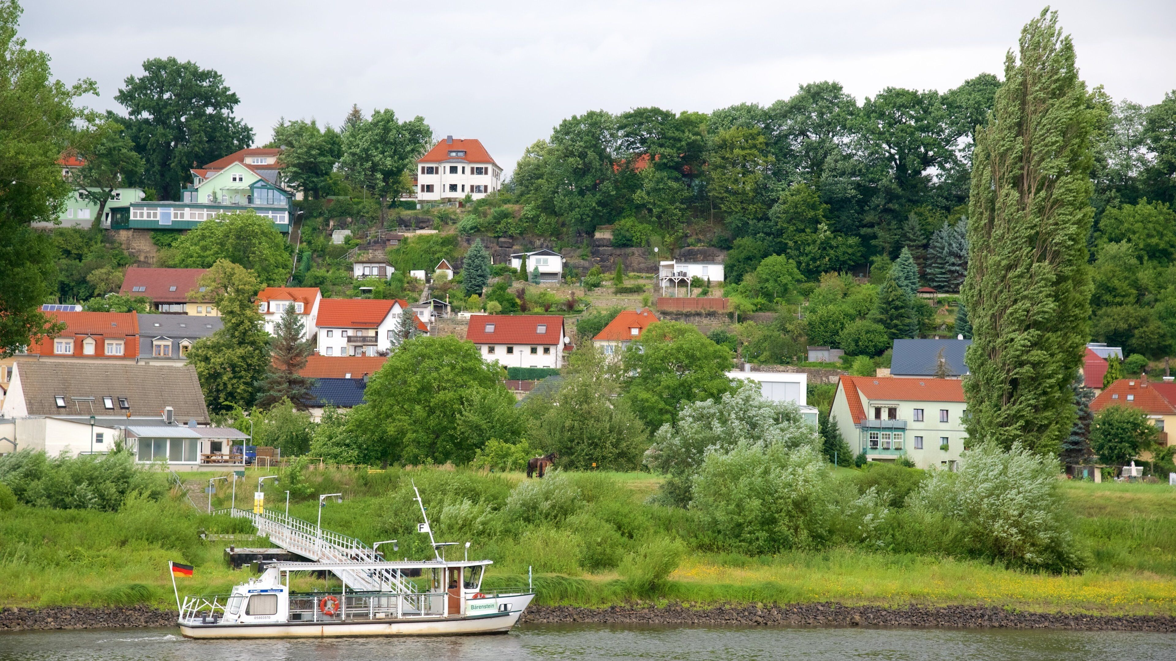 A river with a boat, surrounded by houses and greenery.