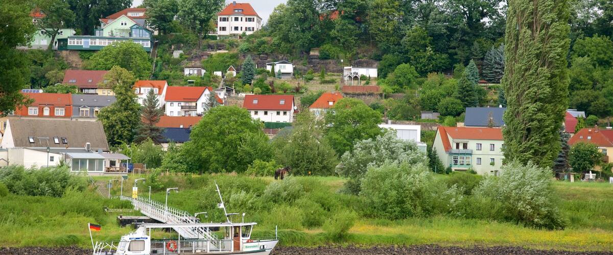 A river with a boat, surrounded by houses and greenery.