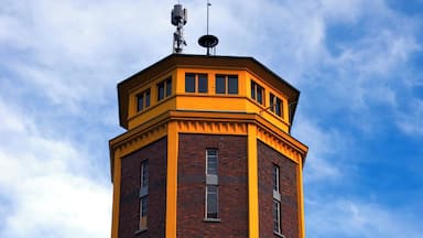 Een hoge bakstenen toren met gele accenten en een windwijzer, omgeven door herfstbomen.