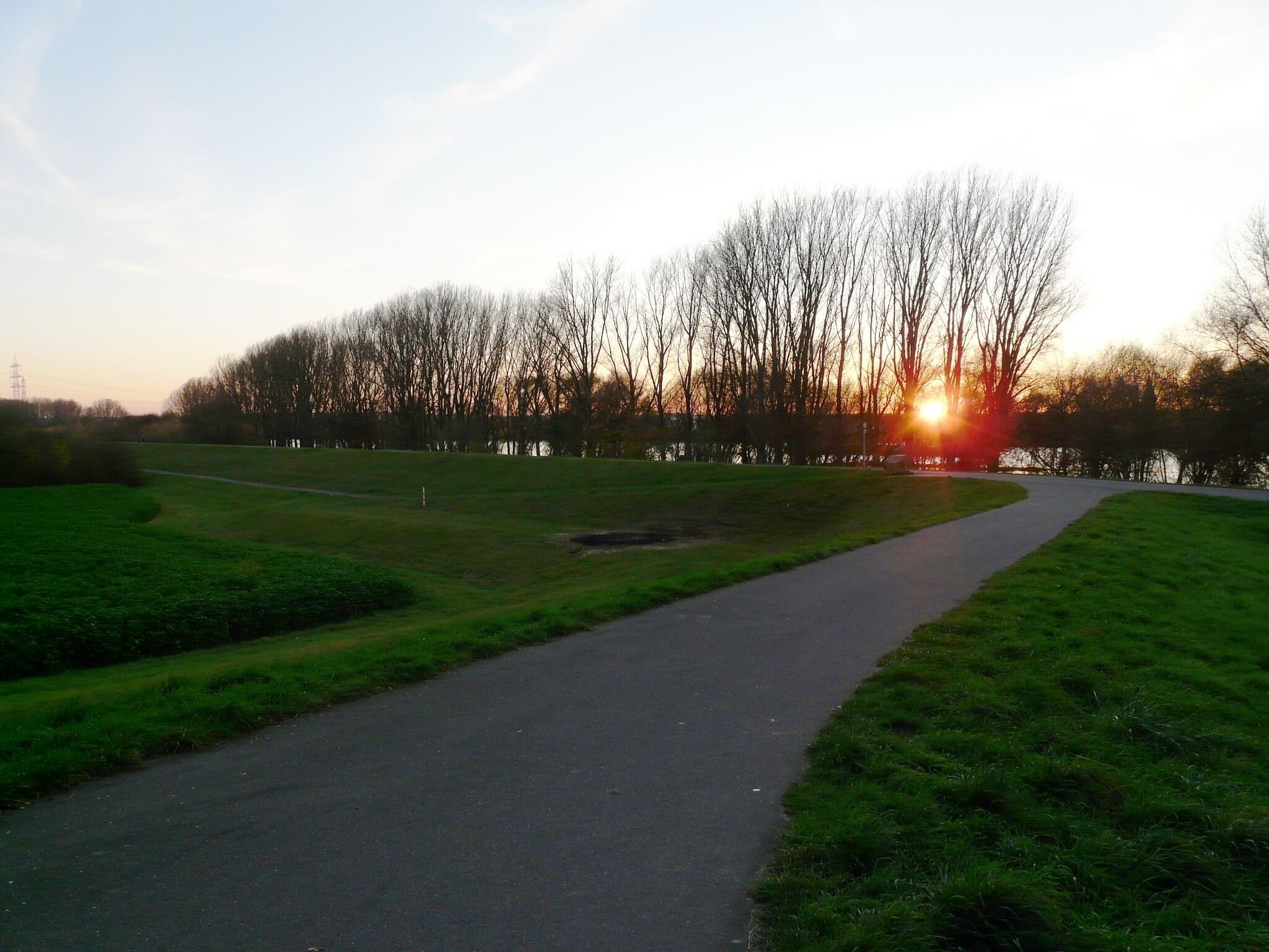 Un parque con un sendero pavimentado, zonas verdes y árboles sin hojas al atardecer.