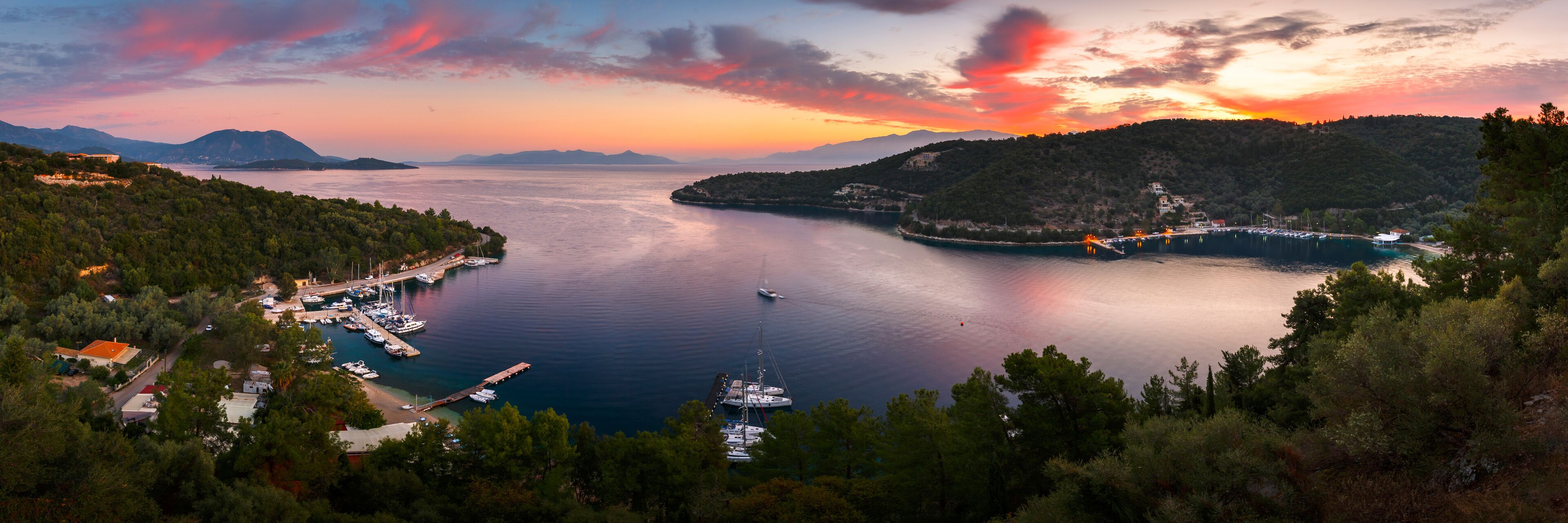 Morning view of the Spilia harbur on Meganisi island as seen from Spartochori village.
