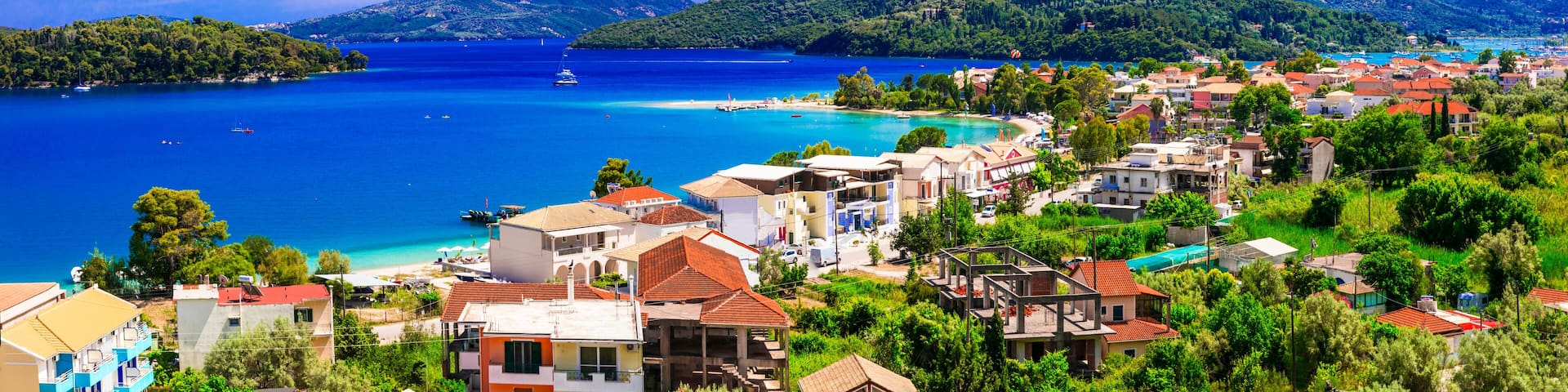 Panoramic view of Nidri bay, beautiful Lefkada island. Beautiful Ionian islands of Greece. Greek summer holidays