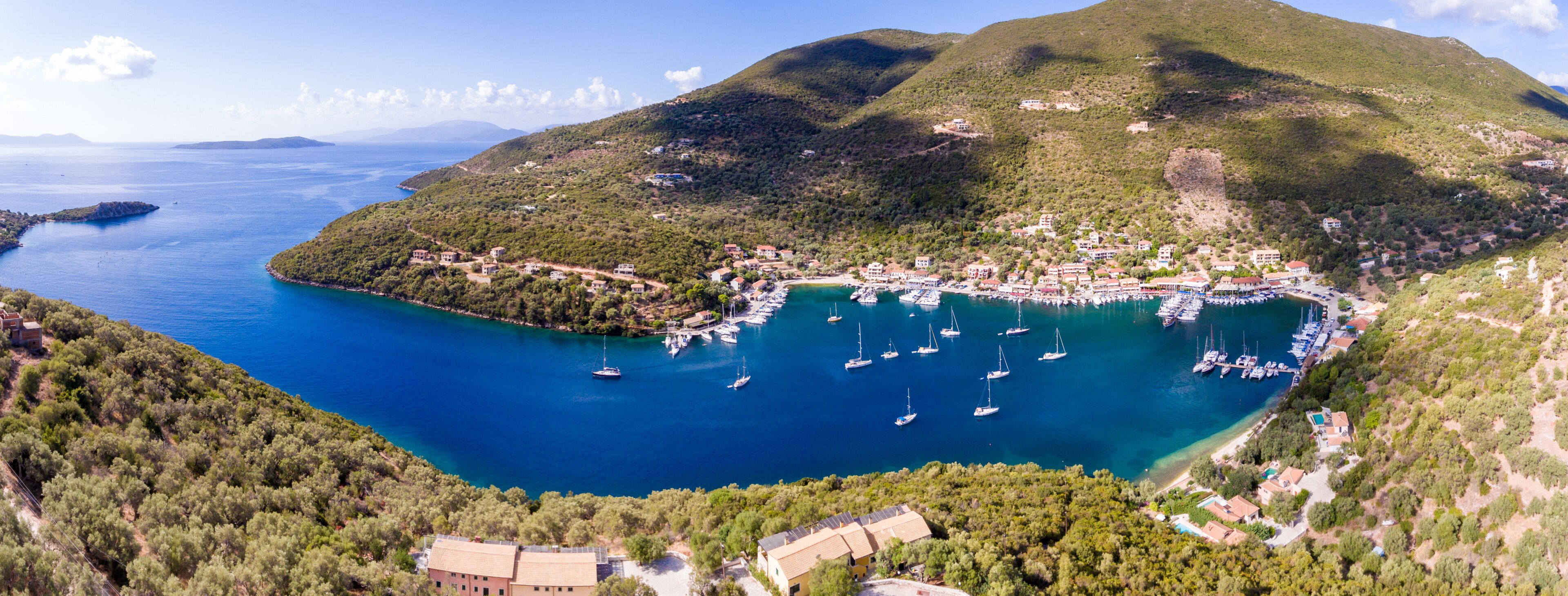 Sivota bay panorama in Lefkada Island aerial view