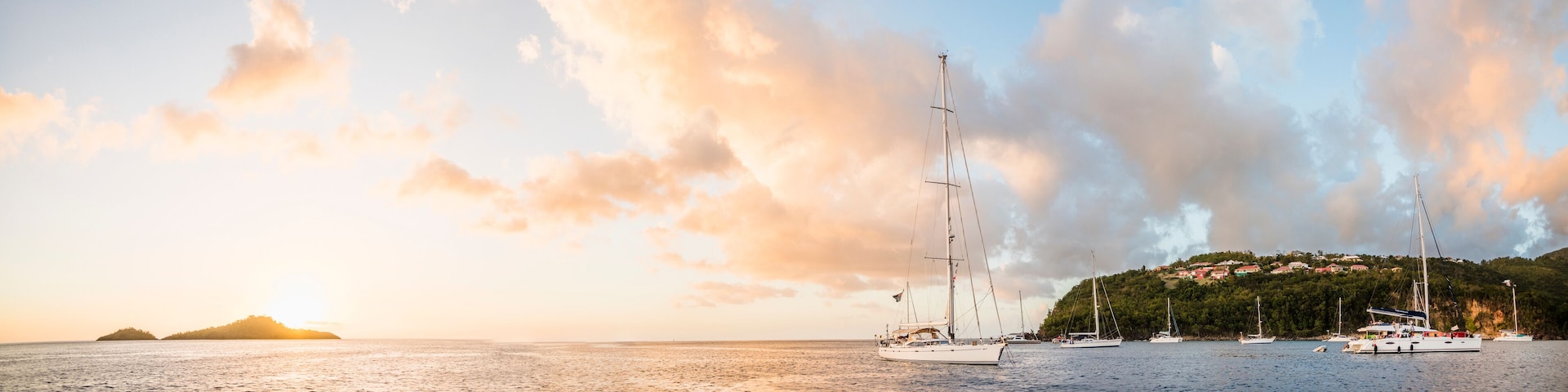 Sailboats anchored in sea, Bouillante, Basse Terre, Guadeloupe