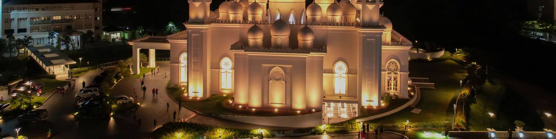 Aerial view of At-Thohir Mosque panorama at nihgt view Largest Mosque in Depok Place to visit in Indonesia. Depok, Indonesia, April 21, 2022