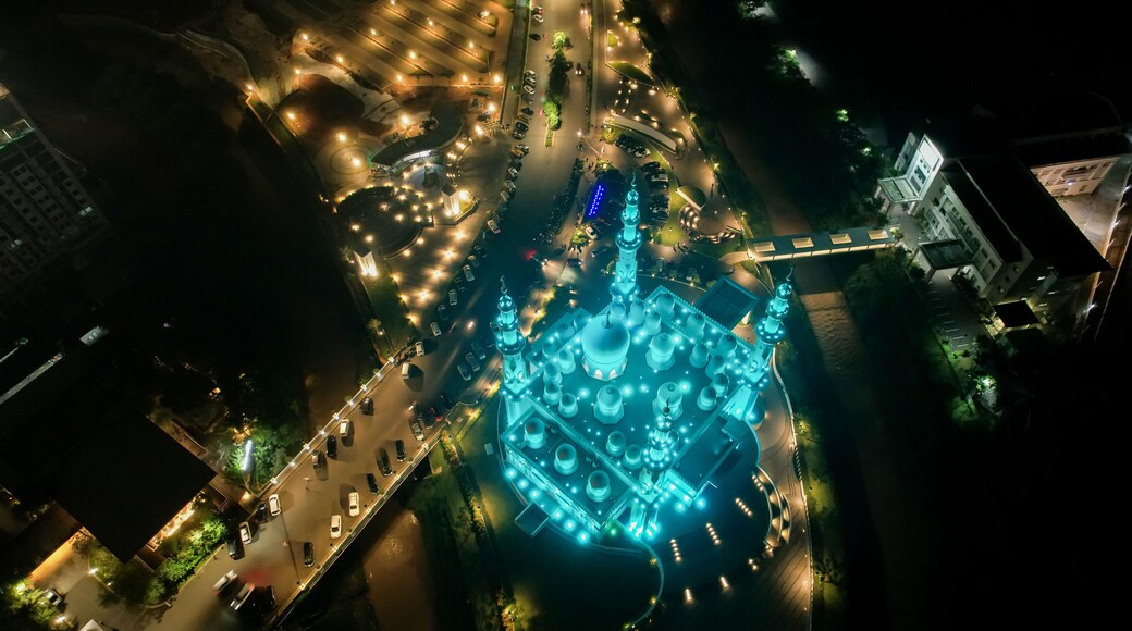 Aerial view of At-Thohir Mosque panorama at nihgt view Largest Mosque in Depok Place to visit in Indonesia. Depok, Indonesia, April 21, 2022