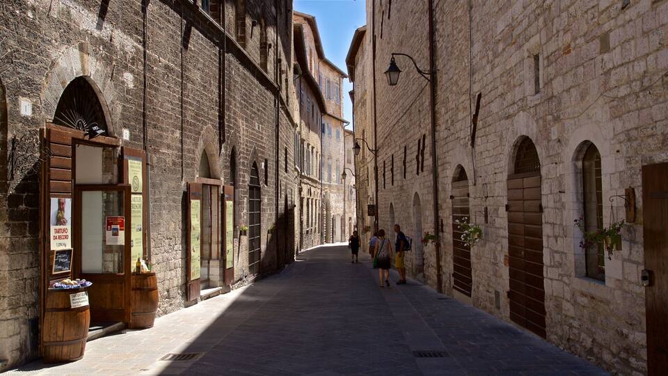 A narrow cobblestone street lined with historic stone buildings, featuring arched doorways and a wooden barrel labeled 'TARTUFO DA RECORD'.
