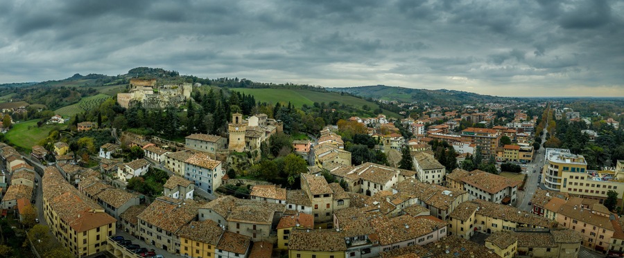 Aerial panorama view of Castrocaro di Terme, famous Italian thermal spa town in Cesena-Forli province, Emilia Romagna, near Terra del Sole, home to a Medici fortress castle in ruins a famous bridge