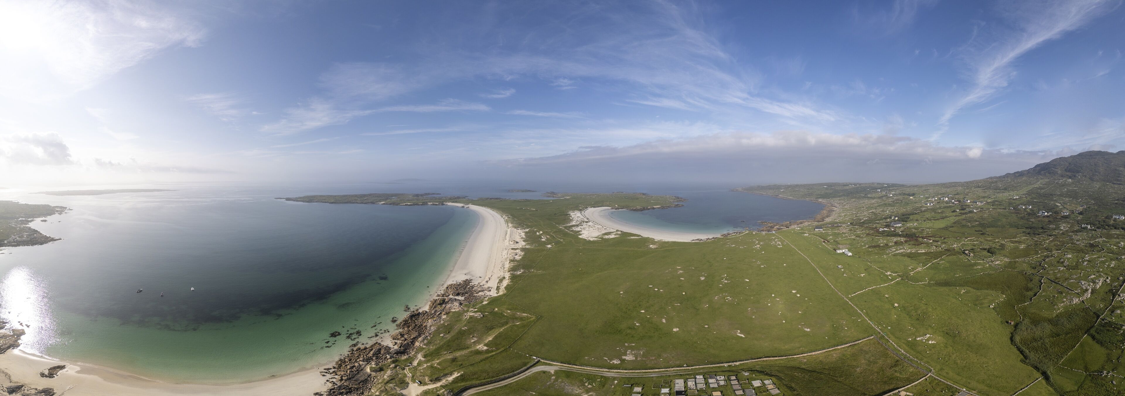 Aerial view of Gurteen Beach and Dog's Bay, Roundstone, County Galway, Ireland