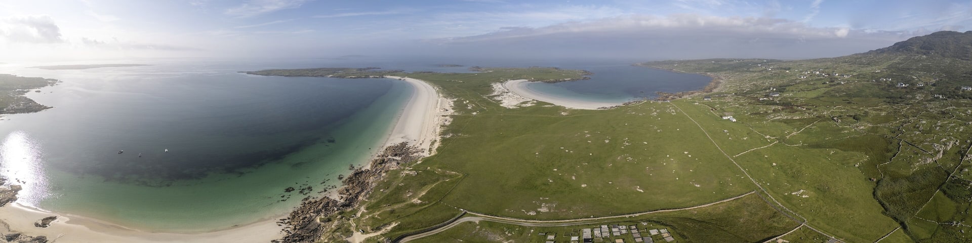 Aerial view of Gurteen Beach and Dog's Bay, Roundstone, County Galway, Ireland