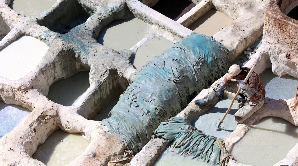 The Chouara Tannery of Fez, Morocco dates back to the 11th century, it operates much the same way it has since its inception.
In this photo a young man dyes the hides of cows, sheep, goats, and camels inside of stone vessels. The solution that they use to clean and soften the skins is a mixtures of cow urine, pigeon feces, quicklime, salt, and water. #history